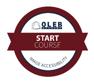Oleb Academy course badge for Image Accessibility featuring a red circle with a ribbon across the center that reads: Start Course.